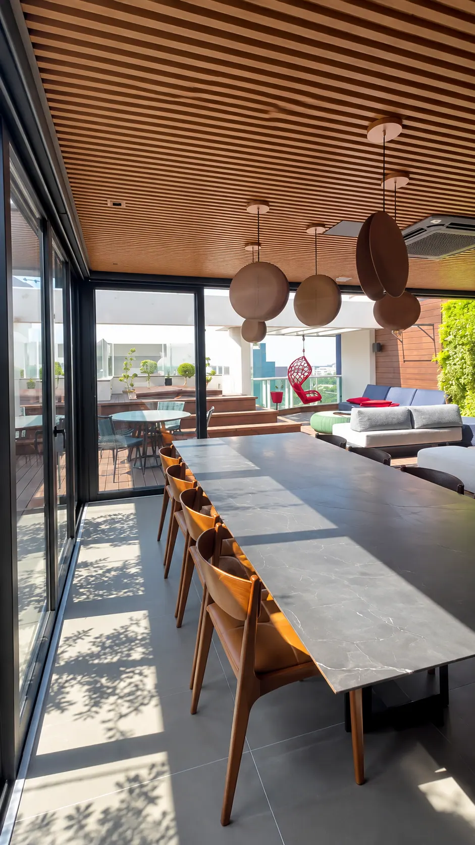Área gourmet com bancada, pendentes e teto de madeira