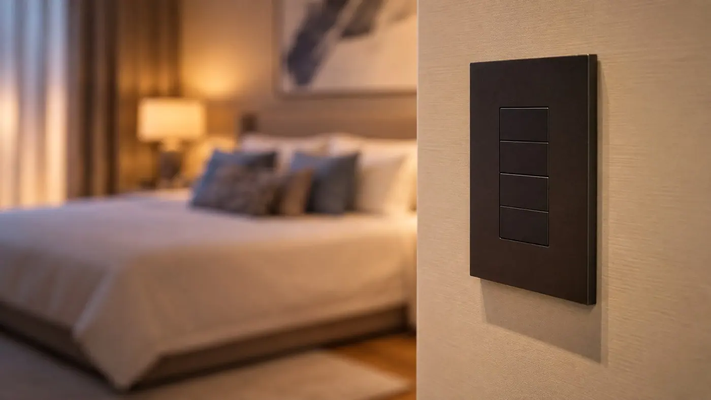 Painel de controle integrado em um ambiente de iluminação acolhedora